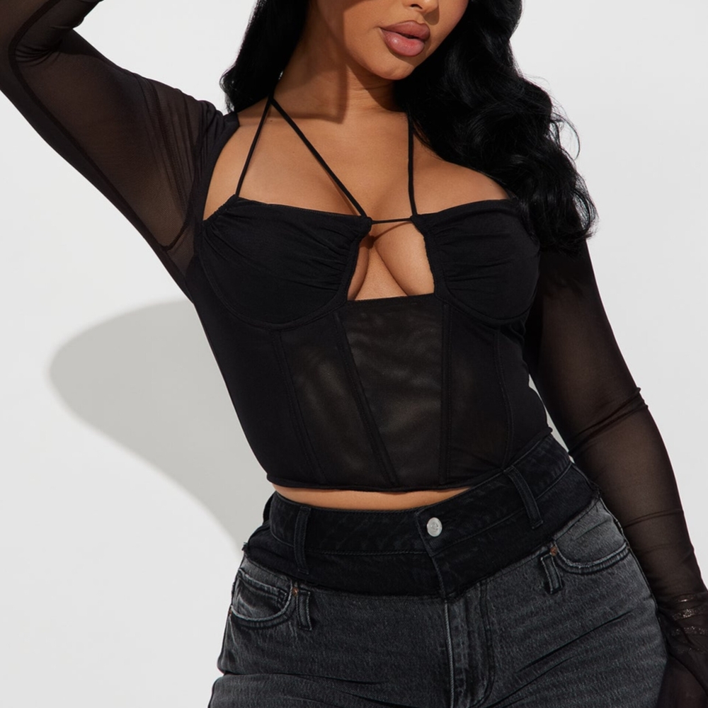 Black Mesh Long Sleeve Crop Top